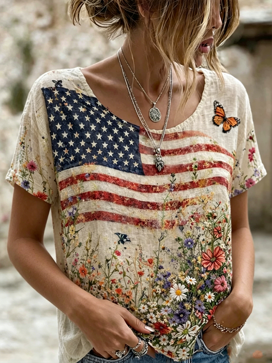 Women's National Flag Flower Lnen Short-sleeved T-shirt gracestitchs