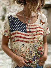 Women's National Flag Flower Lnen Short-sleeved T-shirt gracestitchs