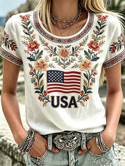 Women's America Floral Print Casual T-Shirt