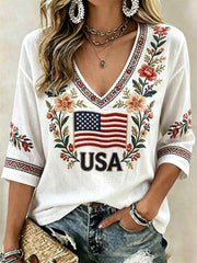 Women's America Floral Print Casual T-shirt