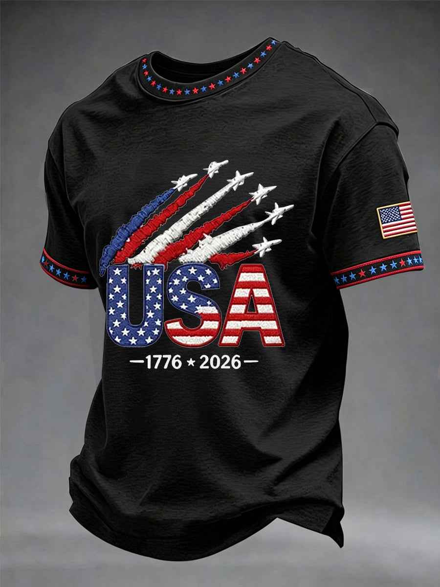 Men's Vintage Independence Day Flag Printed Short Sleeve T-shirt