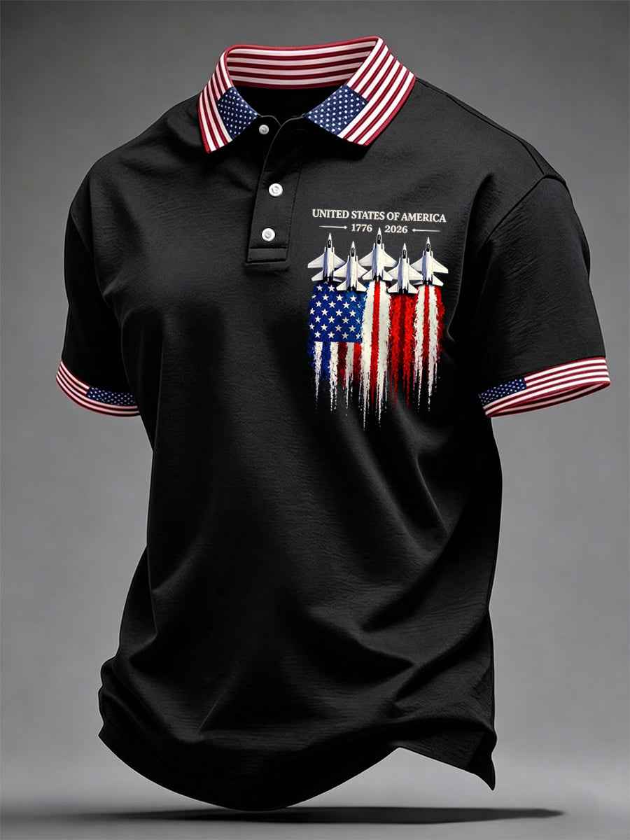Men's Independence Day USA Flag 1776-2026 Print Casual Patriotic Polo