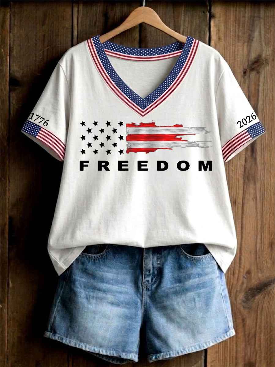Women's Independence Day USA Flag Freedom Print Casual V-Neck Tee