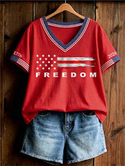 Women's Independence Day USA Flag Freedom Print Casual V-Neck Tee