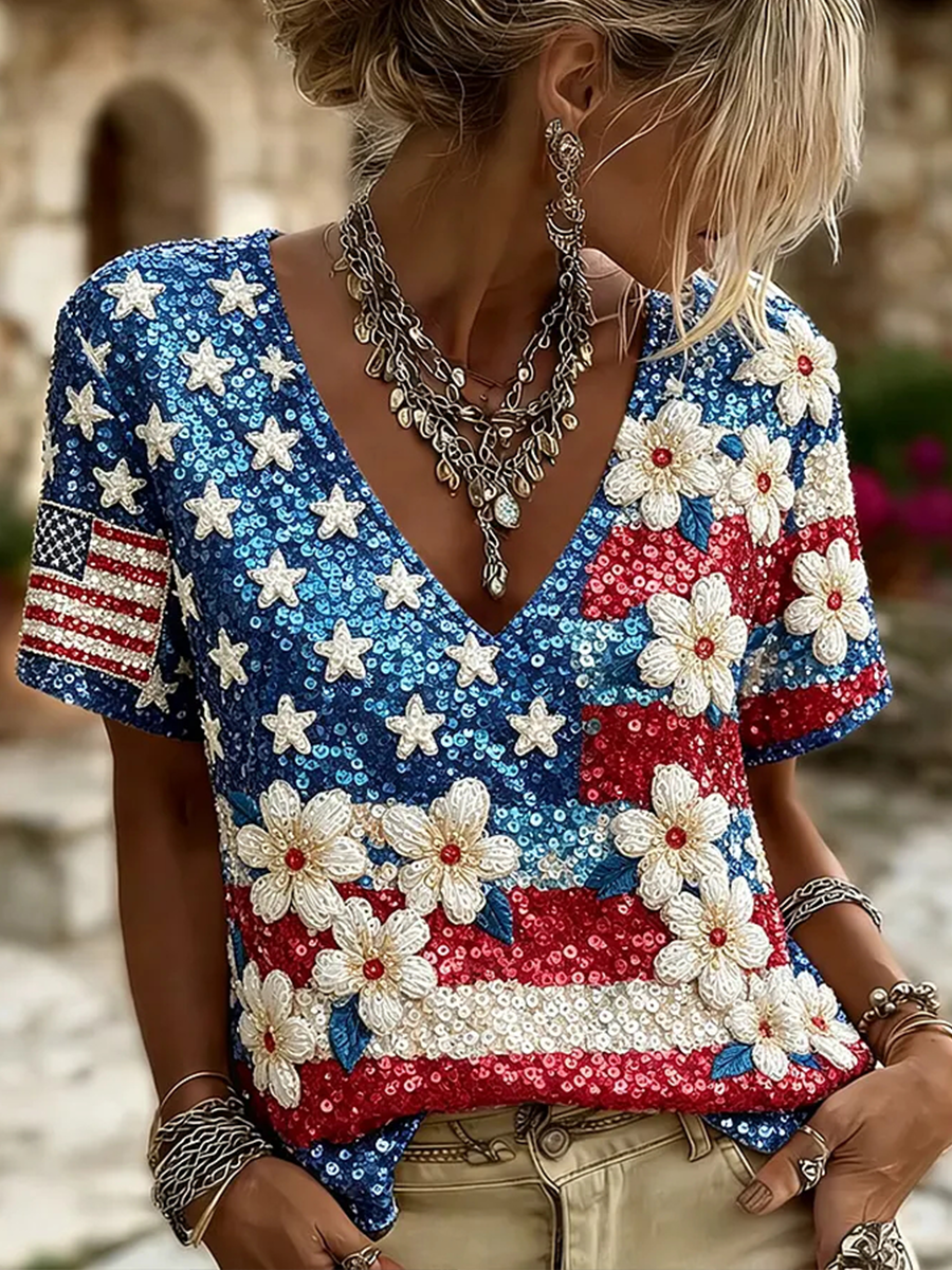 Women's American Flag Floral Print Short-sleeved T-shirt gracestitchs