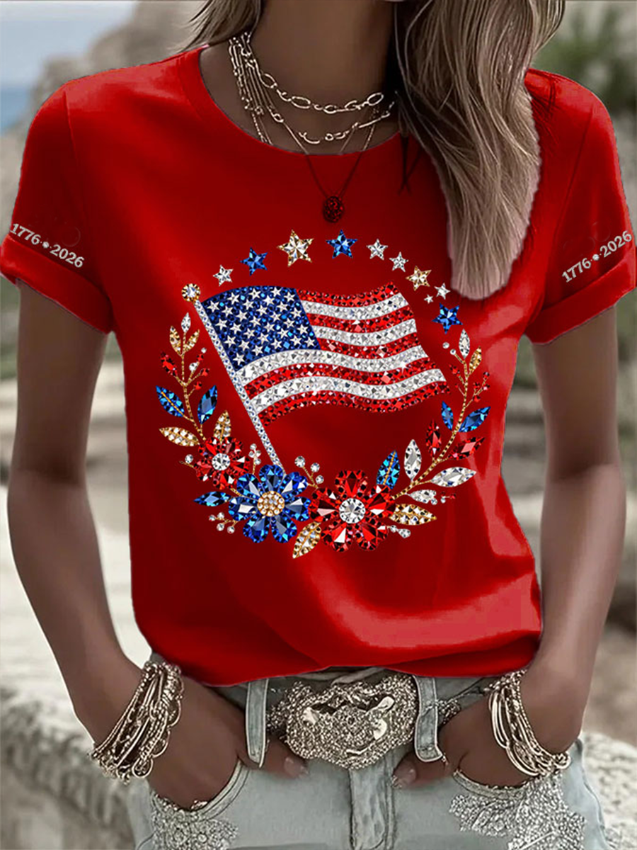 Women's American Flag Flowers Short-sleeved T-shirt gracestitchs