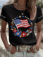 Women's American Flag Flowers Short-sleeved T-shirt gracestitchs
