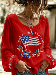 Women's American Flag Flowers Cotton-Linen Shirt gracestitchs