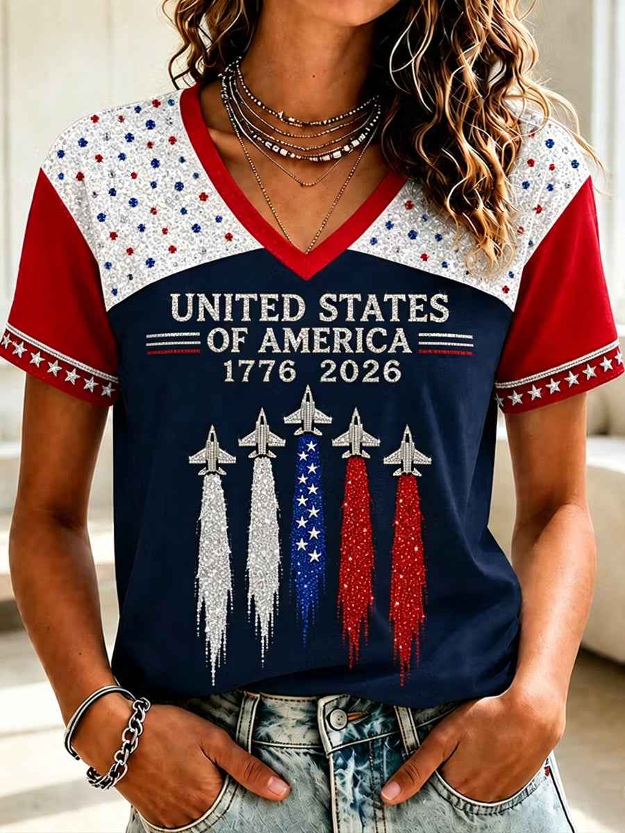 Women's Independence Day USA Flag Jet Print Casual V-Neck Patriotic Tee