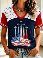 Women's Independence Day USA Flag Jet Print Casual V-Neck Patriotic Tee