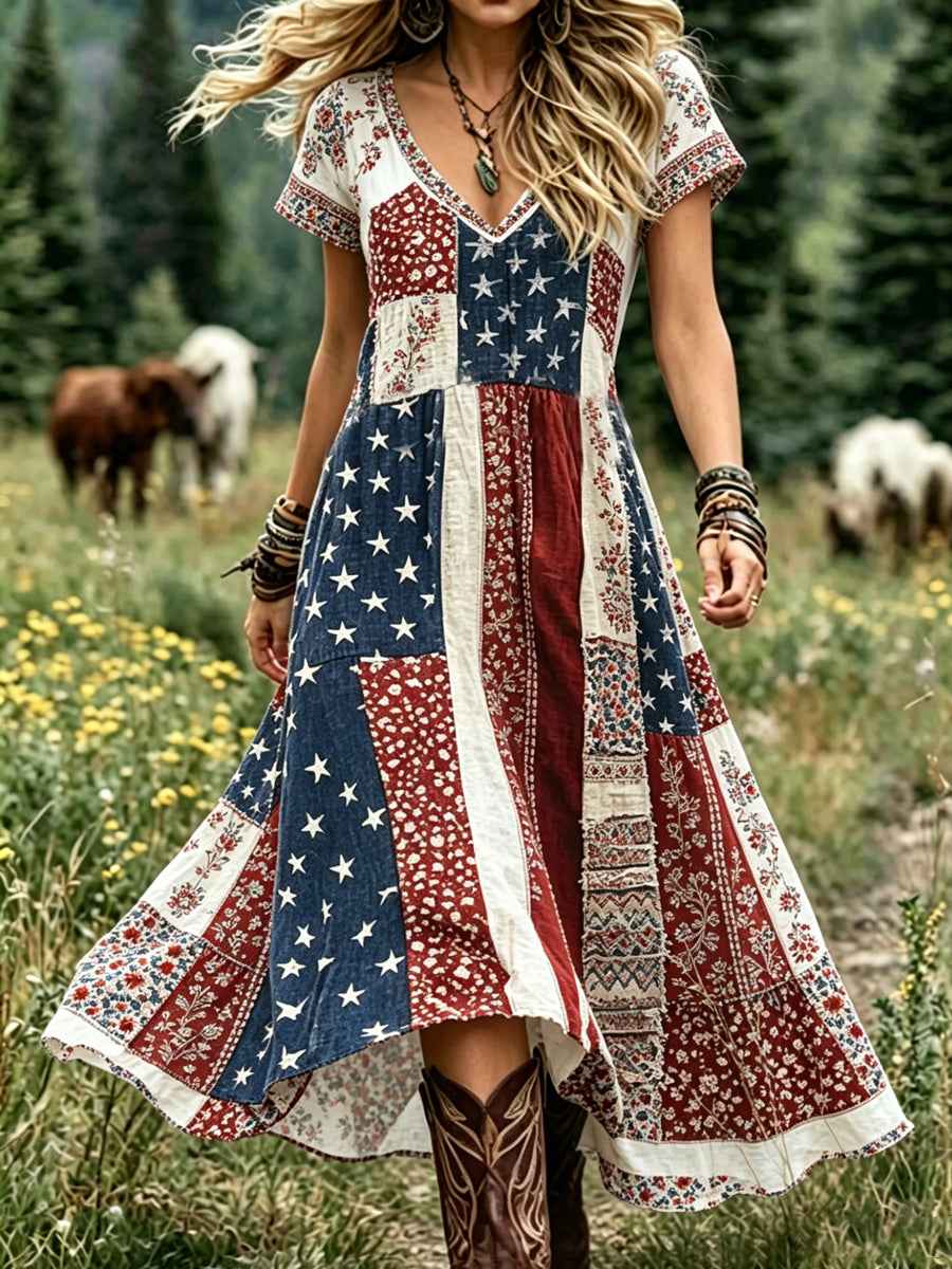 Women's Floral USA Flag Print Casual Dress