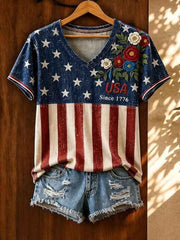 Women's Independence Day USA Flag Floral Print Casual Patriotic V-Neck Tee