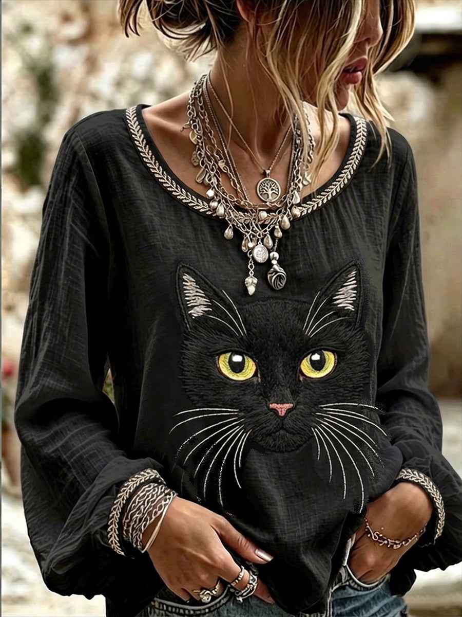 Women's Vintage Black Cat Face Art Linen Round Neck Top