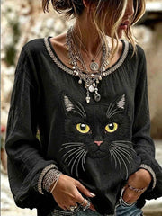 Women's Vintage Black Cat Face Art Linen Round Neck Top