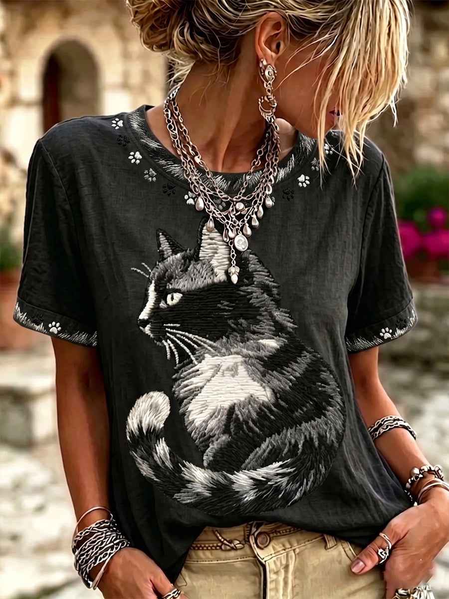 Women's Vintage Black Cat Art Linen Round Neck Short Sleeves Top