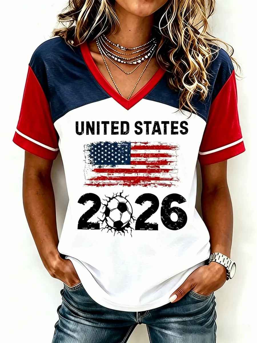 Women's USA Football Printed V-neck T-shirt