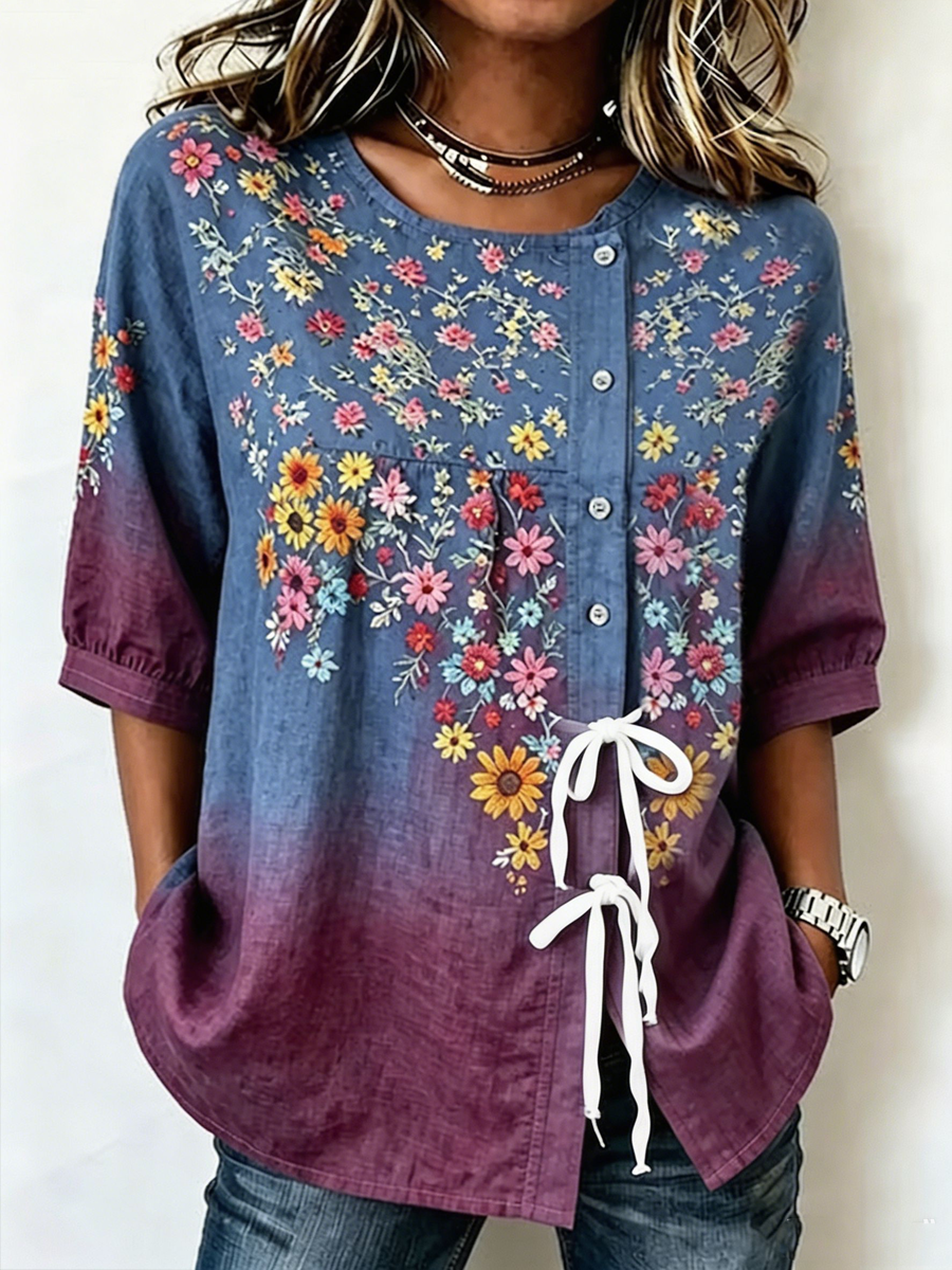 Women's Casual Alzheimer's Floral Print Cotton-Linen Button-Front Top with Ties
