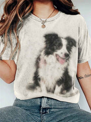 Women's Fuzzy Border Collie Art short-sleeved T-shirt