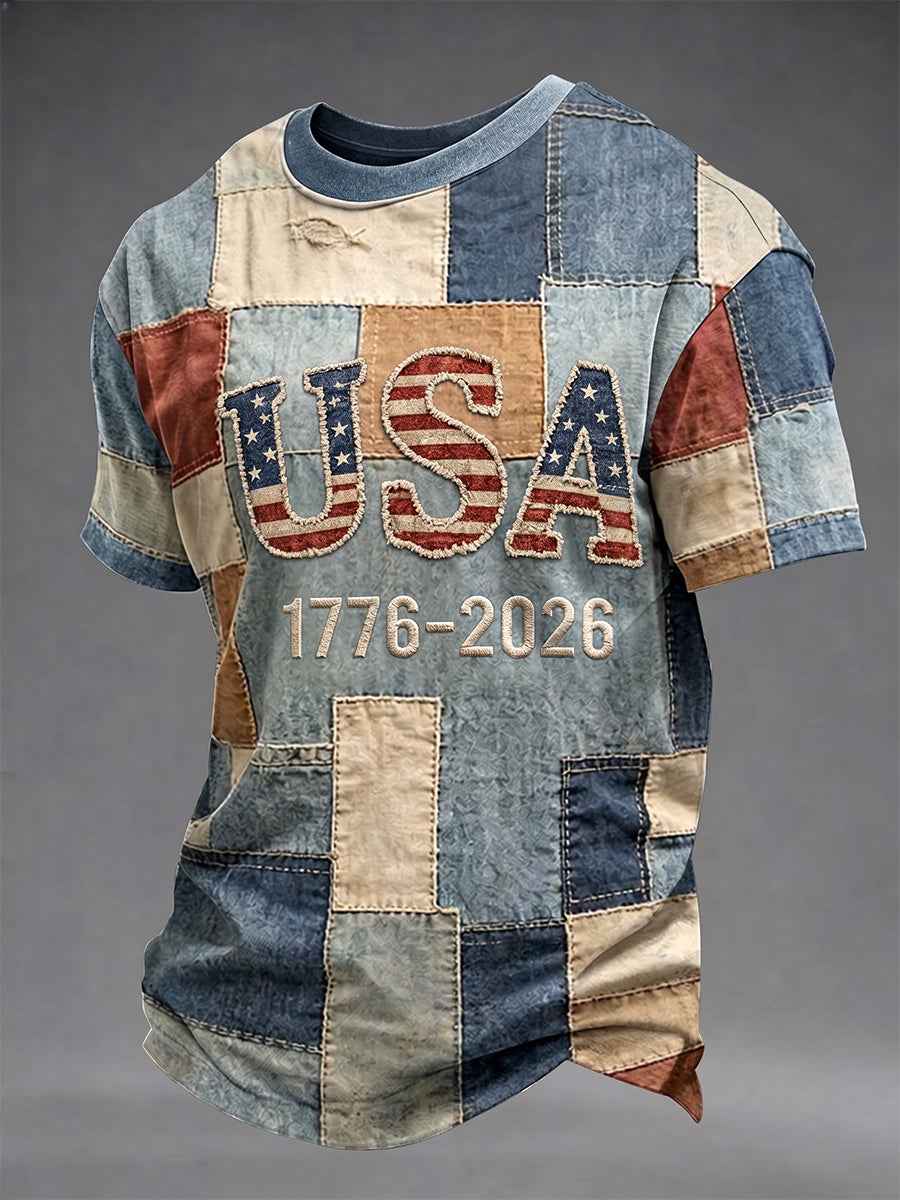 Men's Independence Day Retro USA Flag Print Casual Patriotic Tee