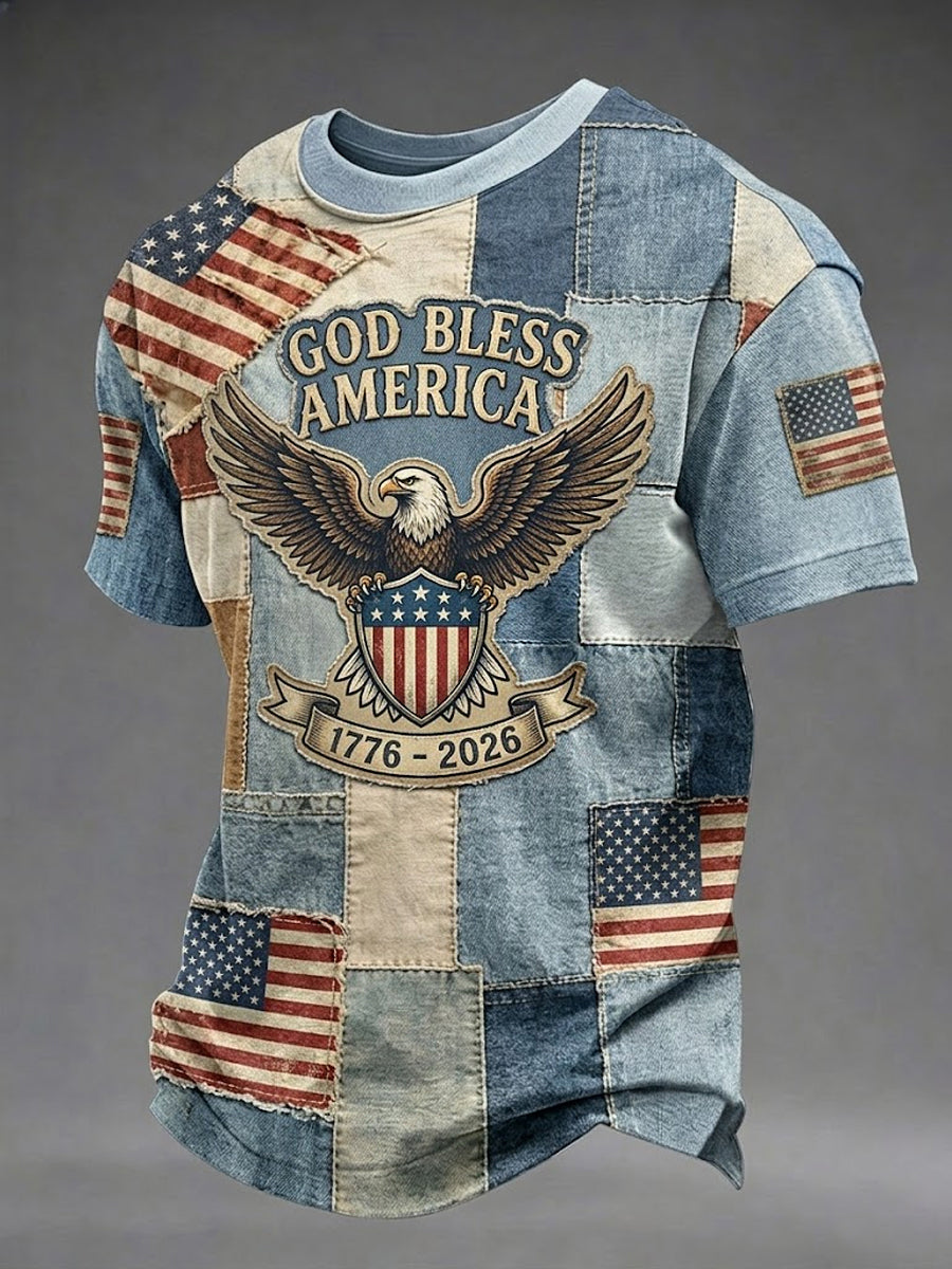 Men's Independence Day Retro USA Flag God Bless America Print Casual Patriotic Tee