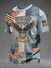 Men's Independence Day Retro USA Flag God Bless America Print Casual Patriotic Tee