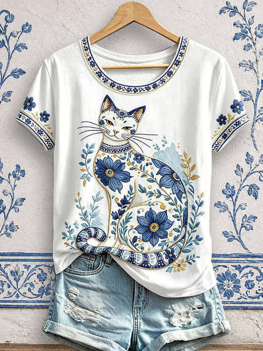 Women's Floral Cat Print T-Shirts gracestitchs