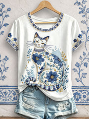 Women's Floral Cat Print T-Shirts gracestitchs