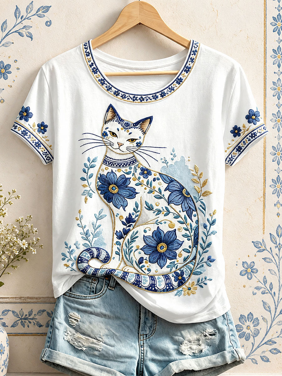 Women's Floral Cat Print T-Shirts gracestitchs