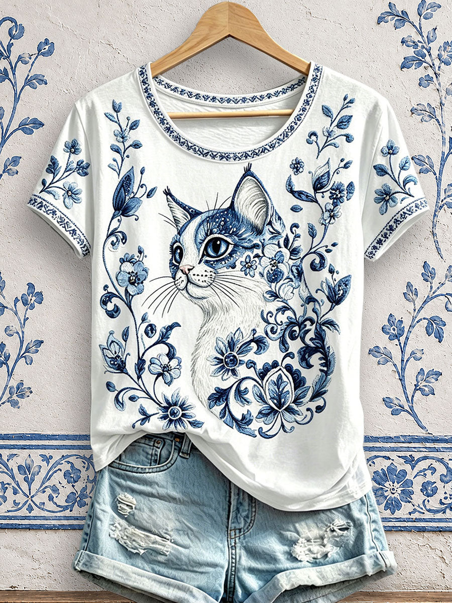 Women's Floral Cat Print T-Shirts gracestitchs