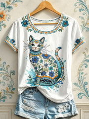 Women's Floral Cat Print T-Shirts gracestitchs