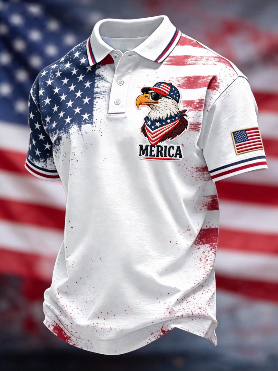Men's Independence Day Bald Eagle USA Flag Print Casual Patriotic Polo gracestitchs