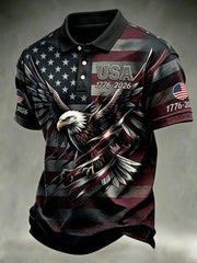 Men's Independence Day USA Flag Bald Eagle Print Casual Patriotic Polo gracestitchs