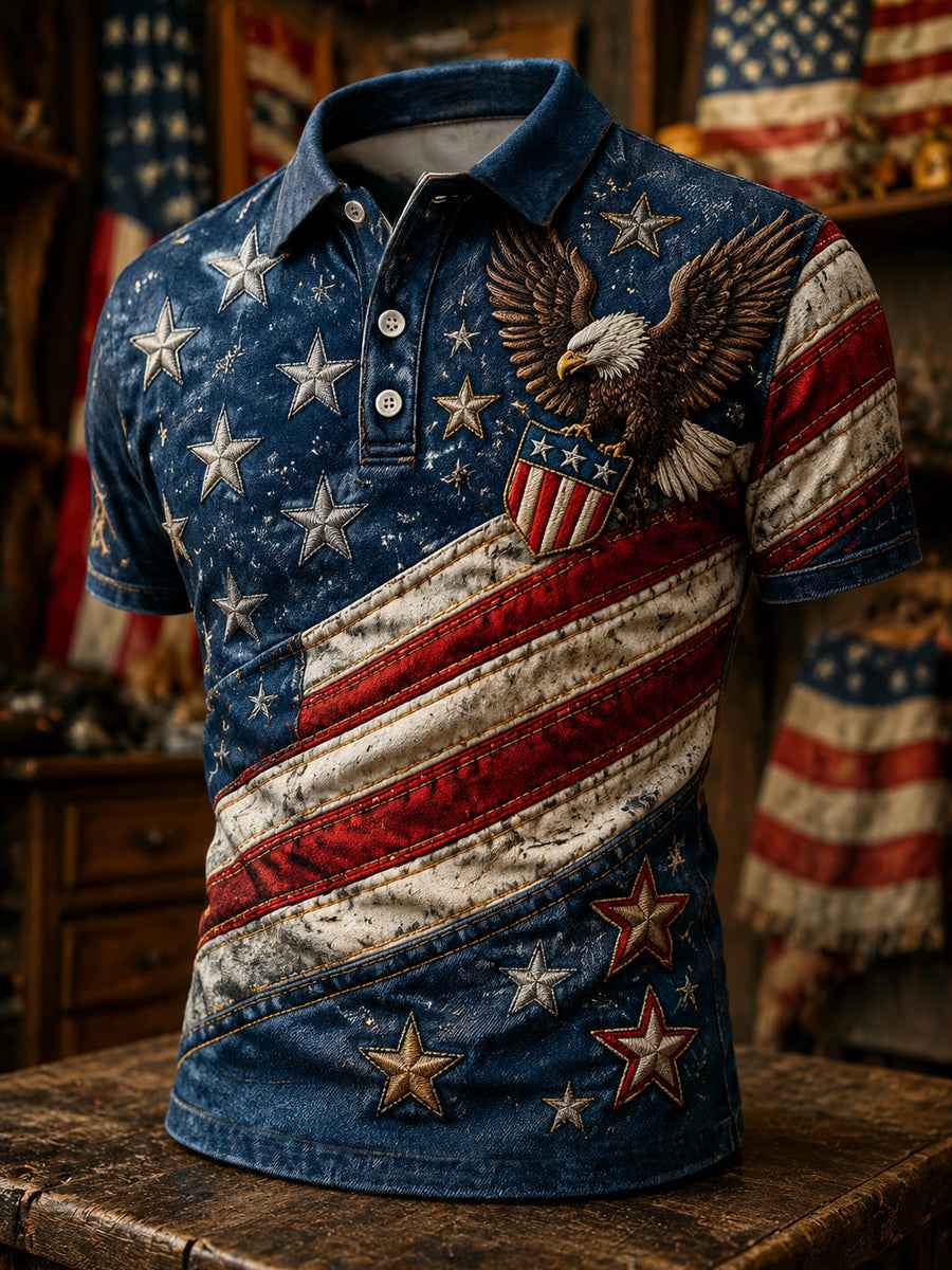 Men's Independence Day USA Flag Print Casual Patriotic Polo
