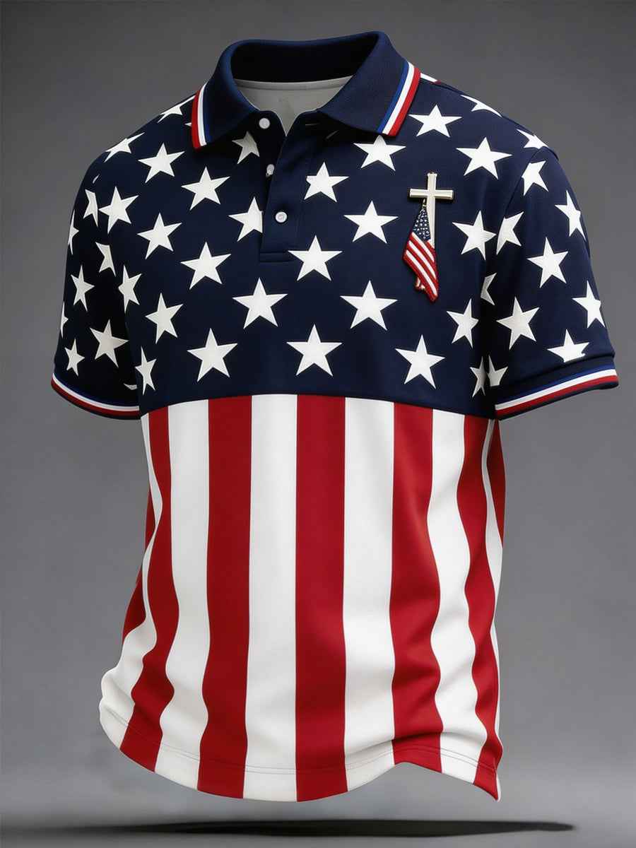 Men's Independence Day USA Flag Print Casual Patriotic Polo