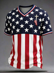 Men's Independence Day USA Flag Print Casual Patriotic V-Neck Tee