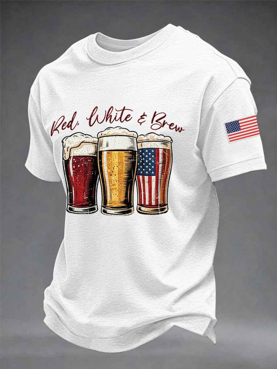Men's Funny 4th Of July Red White & Brew Print Casual Tee