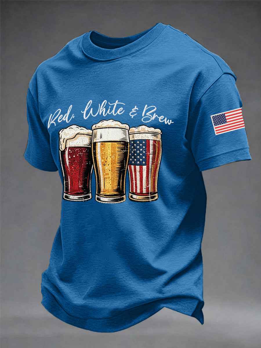 Men's Funny 4th Of July Red White & Brew Print Casual Tee