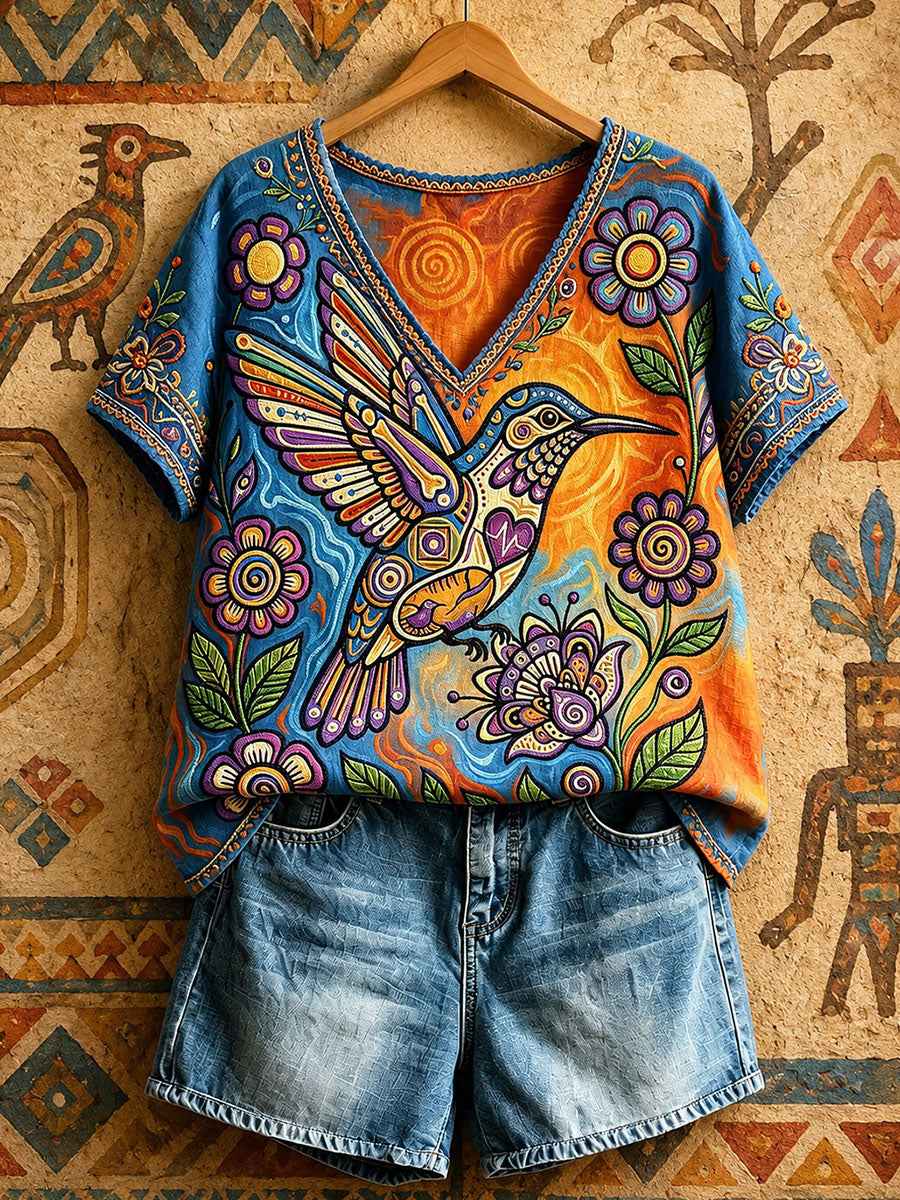 Women's Native Hummingbird Art V-Neck Tops
