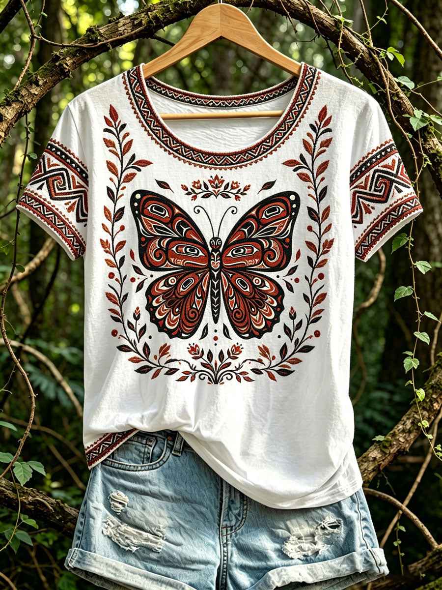 Women's Casual T-Shirt with North American Indigenous Butterfly Totem Design