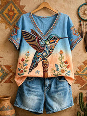 Women's Native Hummingbird Art V-Neck Tops