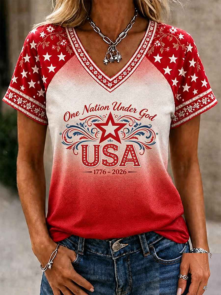 Women's Independence Day One Nation Under God Print V-Neck Tee