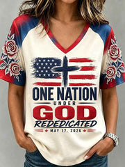 Women's Independence Day One Nation Under God Print V-Neck Tee
