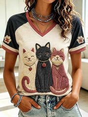 Women's Cat Lovers Printed V-neck T-shirt