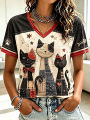 Women's Cat Lovers Printed V-neck T-shirt