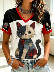 Women's Cat Lovers Printed V-neck T-shirt