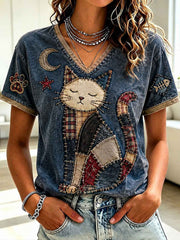 Women's Cat Lovers Printed V-neck T-shirt