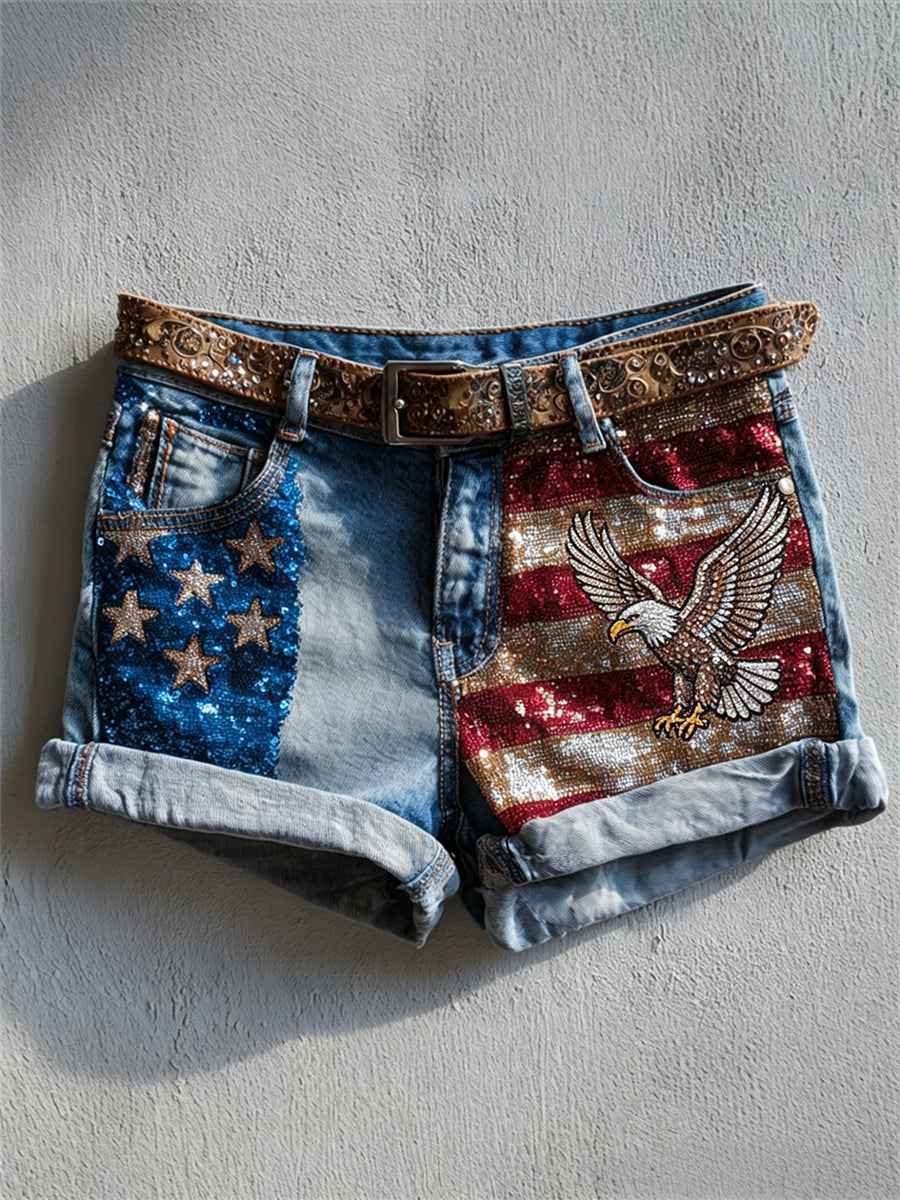 Women's American Eagle & Flag Glitter Print Denim Shorts