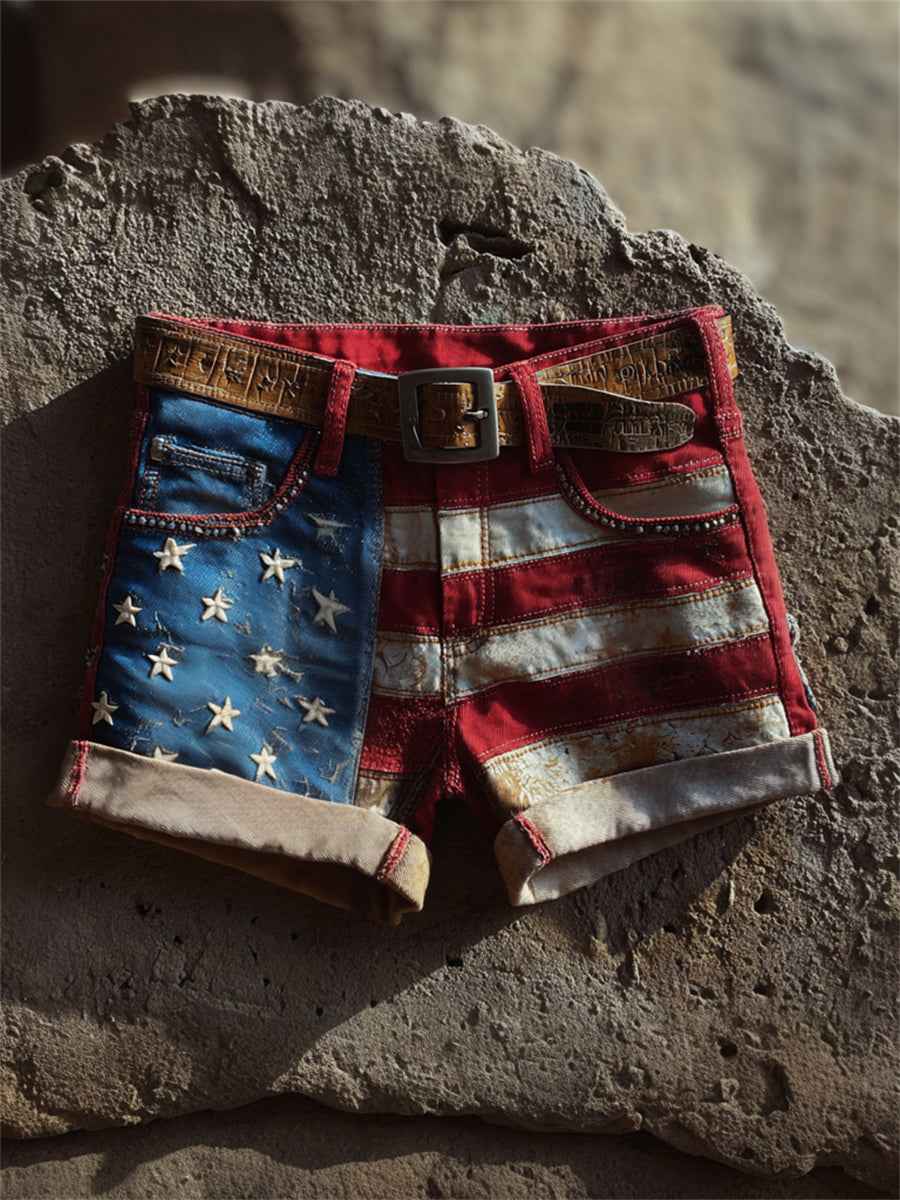Women's Vintage American Flag Patchwork Art Print Denim Shorts