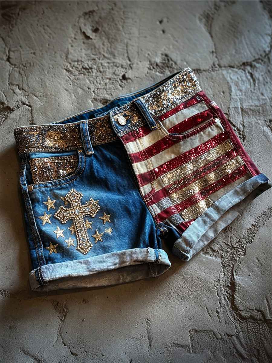 Women's Vintage Cross Glitter American Flag Print Denim Shorts