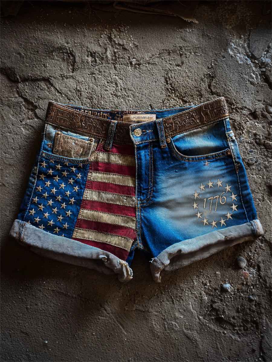 Women's 1776 American Flag Inspired Patchwork Print Denim Shorts